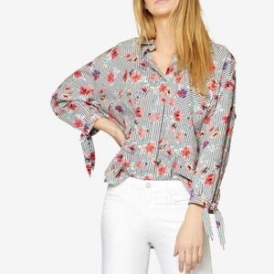 Sanctuary striped floral tie sleeve Button Down Top